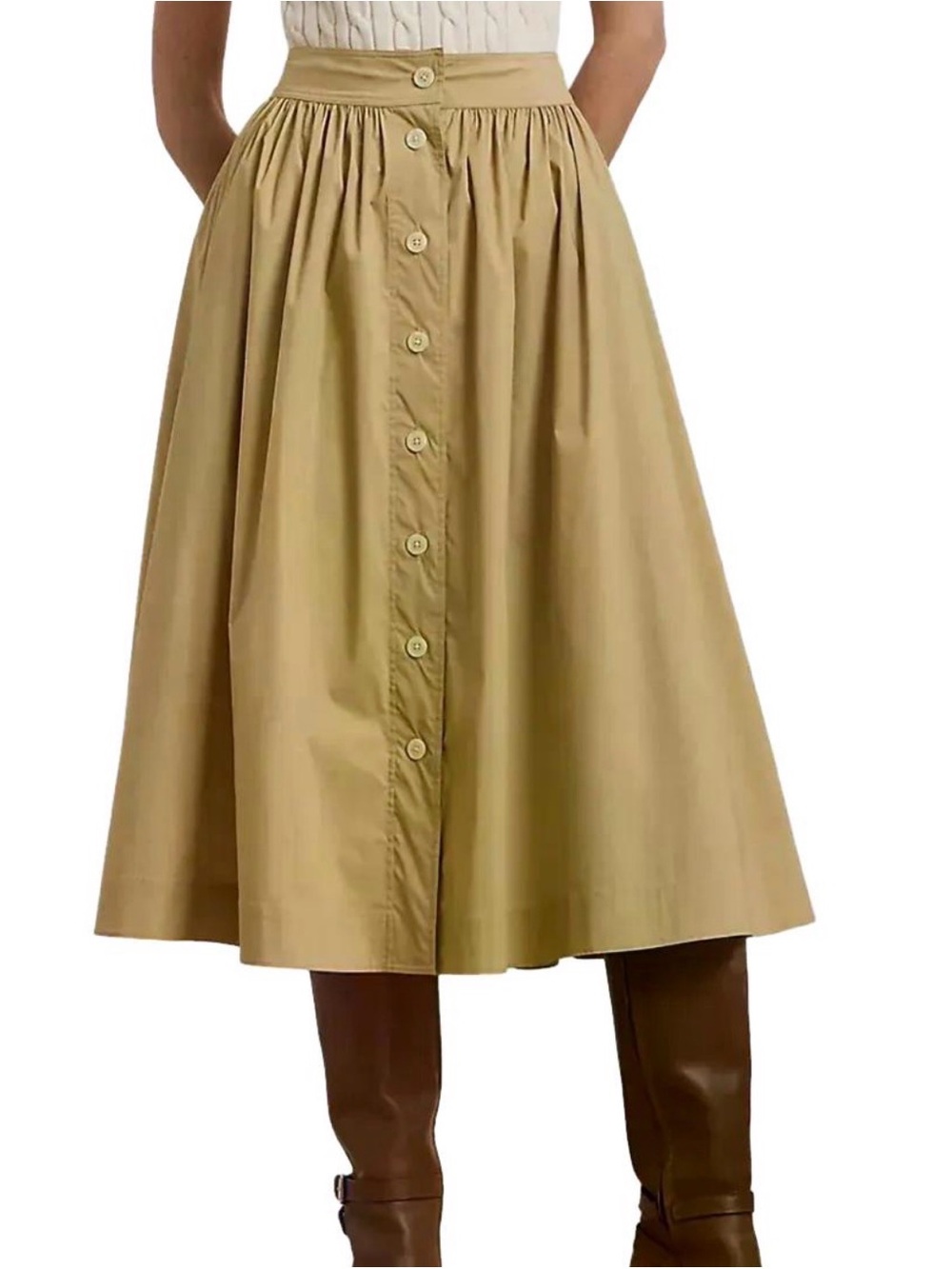 Lauren Ralph Lauren Tan Gathered Button Up Full Midi Skirt Sz 8